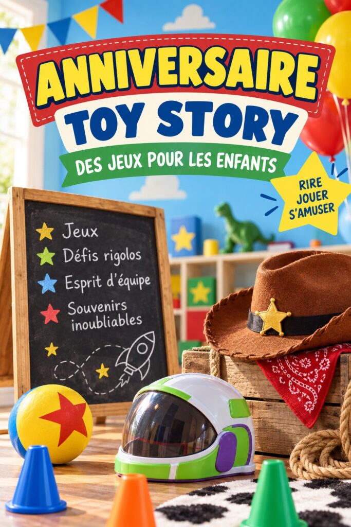 Une table d'anniversaire décorée sur le thème de Toy Story avec des jeux imprimés.