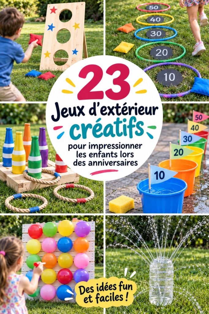 Enfants jouant à un jeu d'anniversaire extérieur en riant.