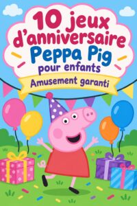 Enfants jouant à des jeux colorés sur le thème de Peppa Pig lors d'une fête d'anniversaire.