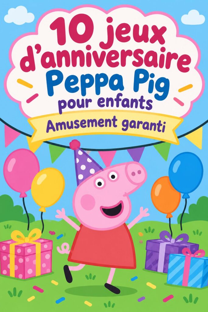 Enfants jouant à des jeux colorés sur le thème de Peppa Pig lors d'une fête d'anniversaire.