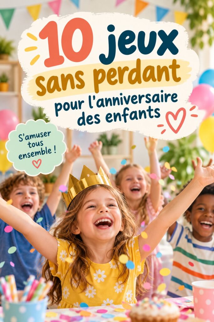 Un groupe d'enfants s'amusant autour d'un jeu d'anniversaire sans perdants.