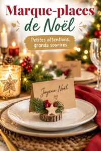 Table de Noël décorée avec des marque-places créatifs et festifs.