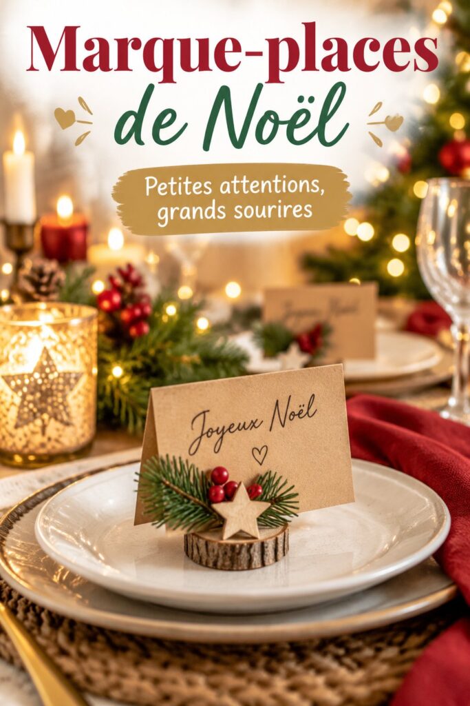 Table de Noël décorée avec des marque-places créatifs et festifs.