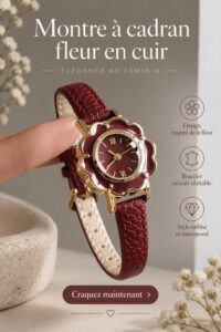 Montre en cuir Jhene avec un cadran fleuri en arrière-plan