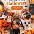 Panier Halloween décoré avec des bonbons et des décorations effrayantes.