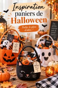 Panier Halloween décoré avec des bonbons et des décorations effrayantes.