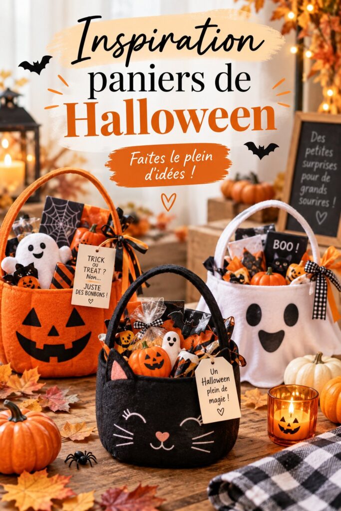 Panier Halloween décoré avec des bonbons et des décorations effrayantes.