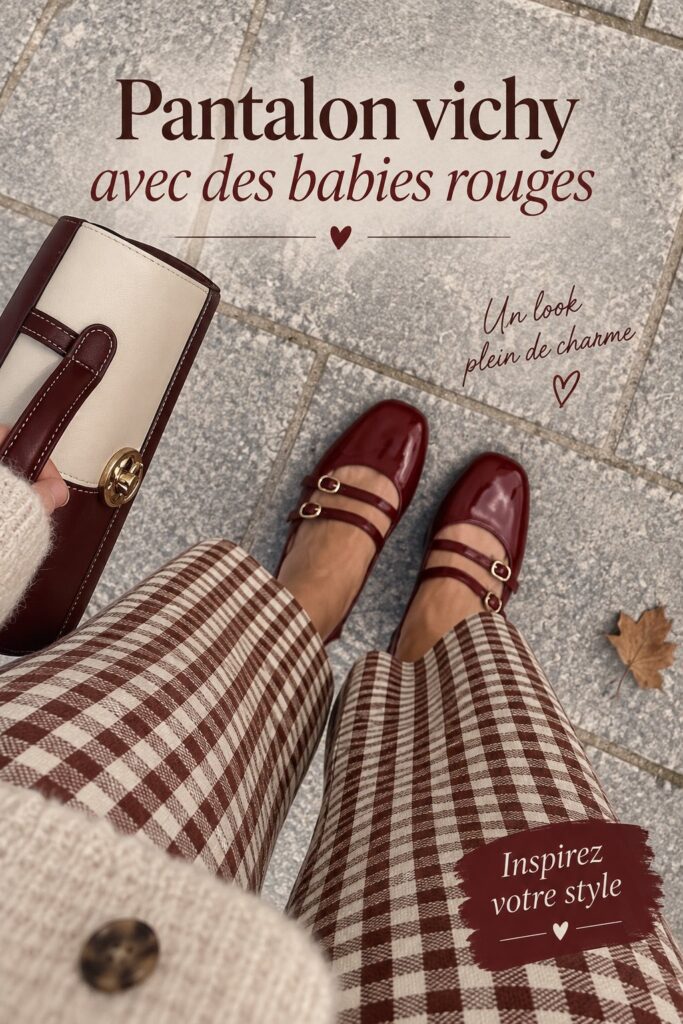 Femme portant un pantalon vichy avec des chaussures Mary Jane rouges, style élégant et tendance.