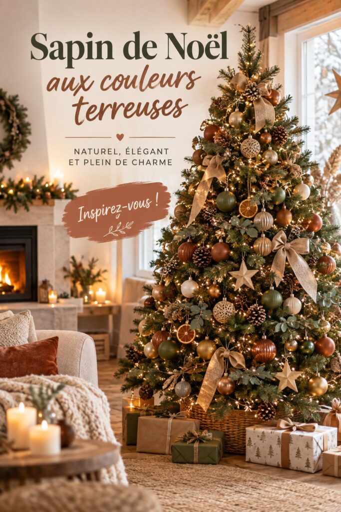 Sapin de Noël décoré avec des ornements terreux et naturels dans un salon chaleureux.