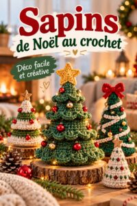 Un sapin de Noël au crochet bien décoré sur une table, ajoutant une touche chaleureuse à la fête.