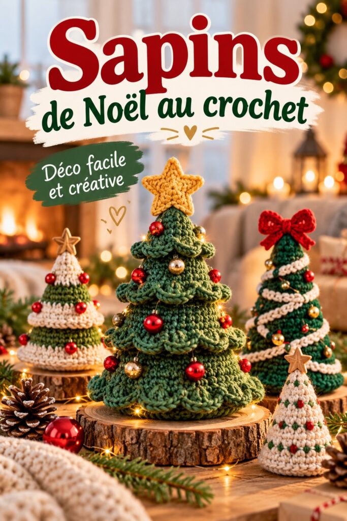 Un sapin de Noël au crochet bien décoré sur une table, ajoutant une touche chaleureuse à la fête.