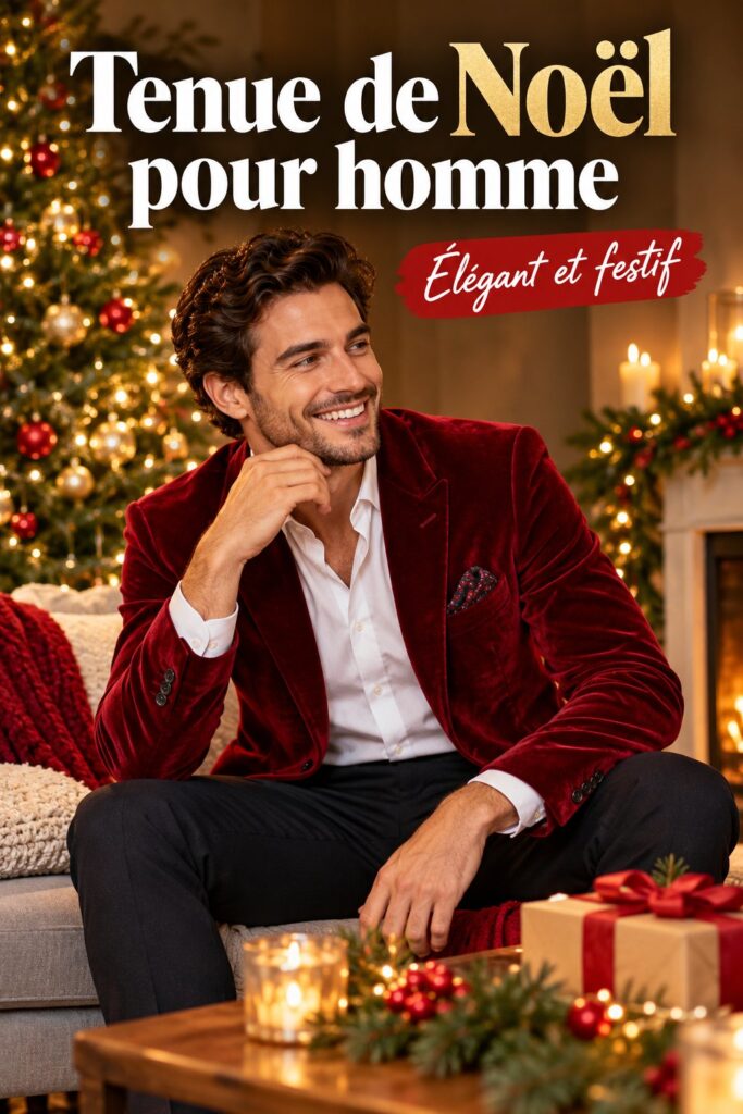 Un homme bien habillé en tenue de Noël, avec une chemise élégante et un cardigan au style festif.