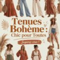 Un ensemble de tenues bohème chic en plein air sur un fond floral.