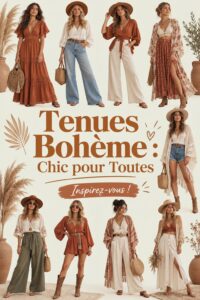 Un ensemble de tenues bohème chic en plein air sur un fond floral.