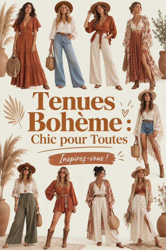 Un ensemble de tenues bohème chic en plein air sur un fond floral.