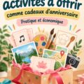 Une table décorée pour une fête d'anniversaire avec des souvenirs créatifs et des activités en cours.
