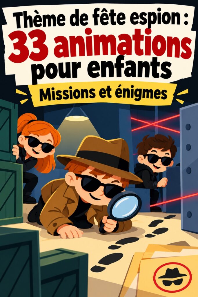 Image d'une fête d'anniversaire sur le thème espion, avec des enfants jouant à des jeux d'espions