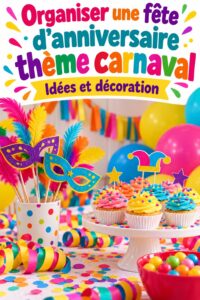 Une table décorée avec des éléments de fête colorés pour un anniversaire carnaval.