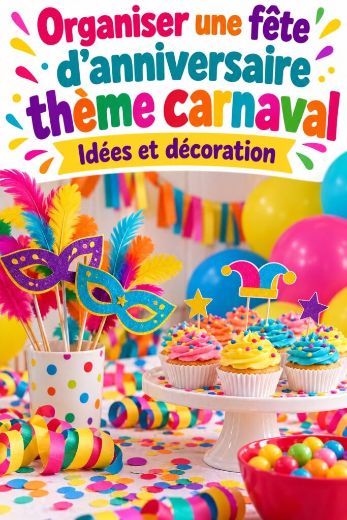 Une table décorée avec des éléments de fête colorés pour un anniversaire carnaval.