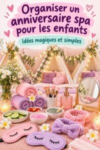 Un anniversaire spa coloré avec des enfants se relaxant dans des peignoirs et des masques de beauté.