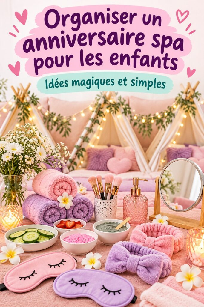 Un anniversaire spa coloré avec des enfants se relaxant dans des peignoirs et des masques de beauté.