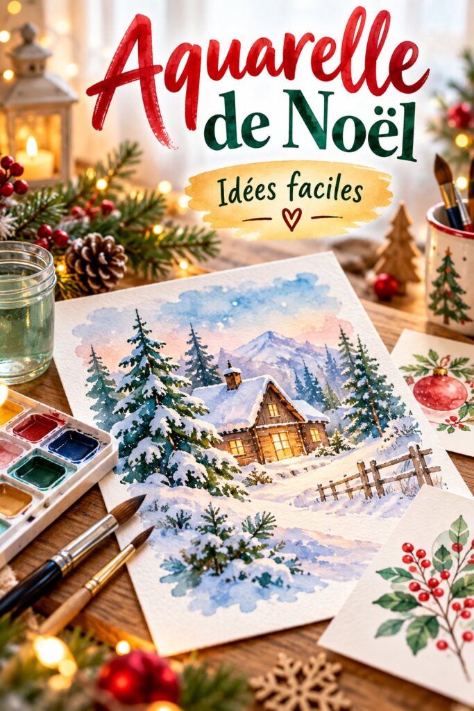 Aquarelle de Noël représentant un paysage hivernal avec des sapins et de la neige, mise en valeur dans un cadre.