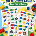 Photo d'un jeu de Bingo LEGO imprimé avec des pièces de LEGO colorées autour.