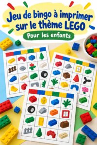 Photo d'un jeu de Bingo LEGO imprimé avec des pièces de LEGO colorées autour.