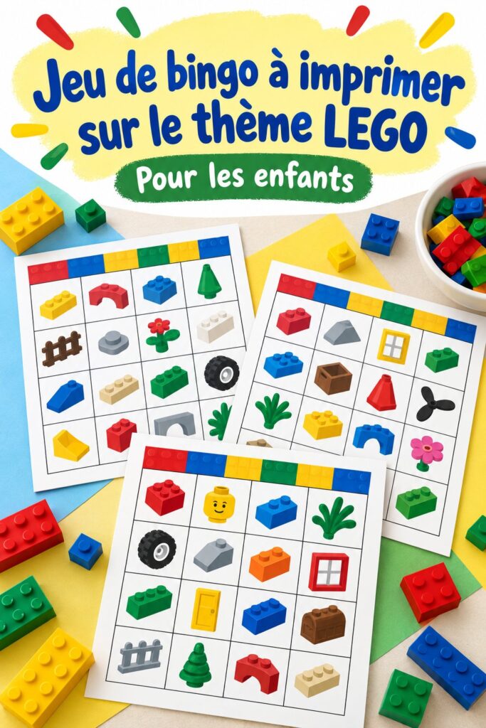 Photo d'un jeu de Bingo LEGO imprimé avec des pièces de LEGO colorées autour.