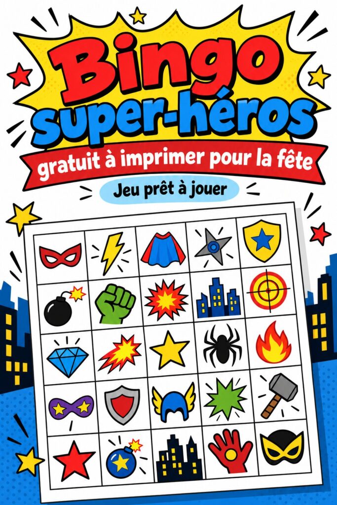 Bingo super-héros gratuit à imprimer avec des illustrations colorées