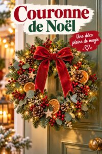 Une belle couronne de Noël faite maison ornée de branches de sapin et de décorations colorées.