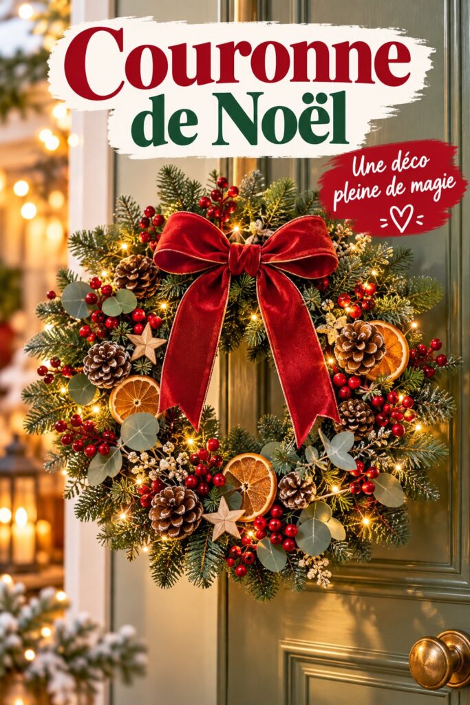 Une belle couronne de Noël faite maison ornée de branches de sapin et de décorations colorées.