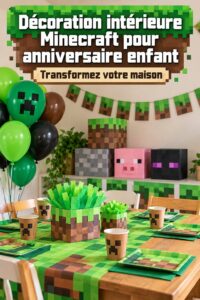 Une décoration colorée pour un anniversaire sur le thème Minecraft avec des ballons et des éléments du jeu.