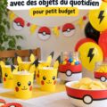 Une décoration de fête Pokémon utilisant des objets du quotidien, avec des ballons et guirlandes colorés.