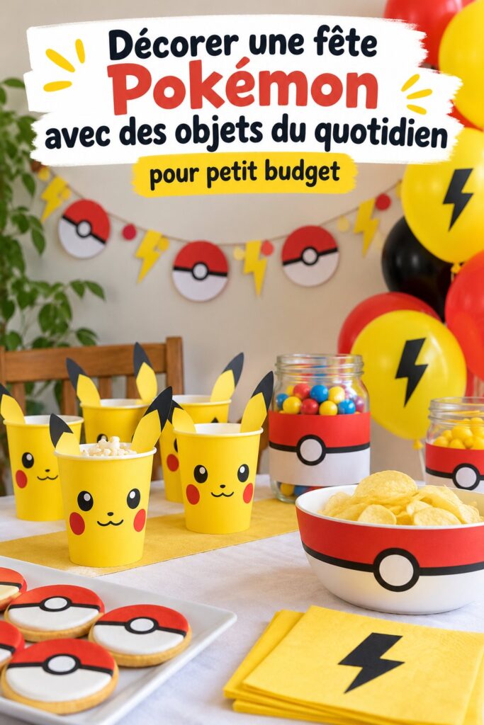 Une décoration de fête Pokémon utilisant des objets du quotidien, avec des ballons et guirlandes colorés.