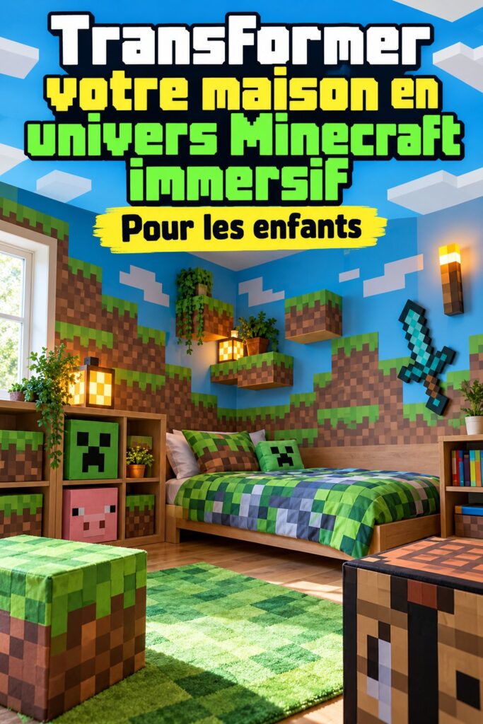 Décoration d'anniversaire inspirée de Minecraft avec des ballons et des éléments de jeu.