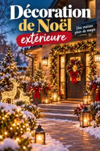Un jardin illuminé par des décorations de Noël extérieures. Des guirlandes lumineuses et des ornements festifs illuminent la nuit.
