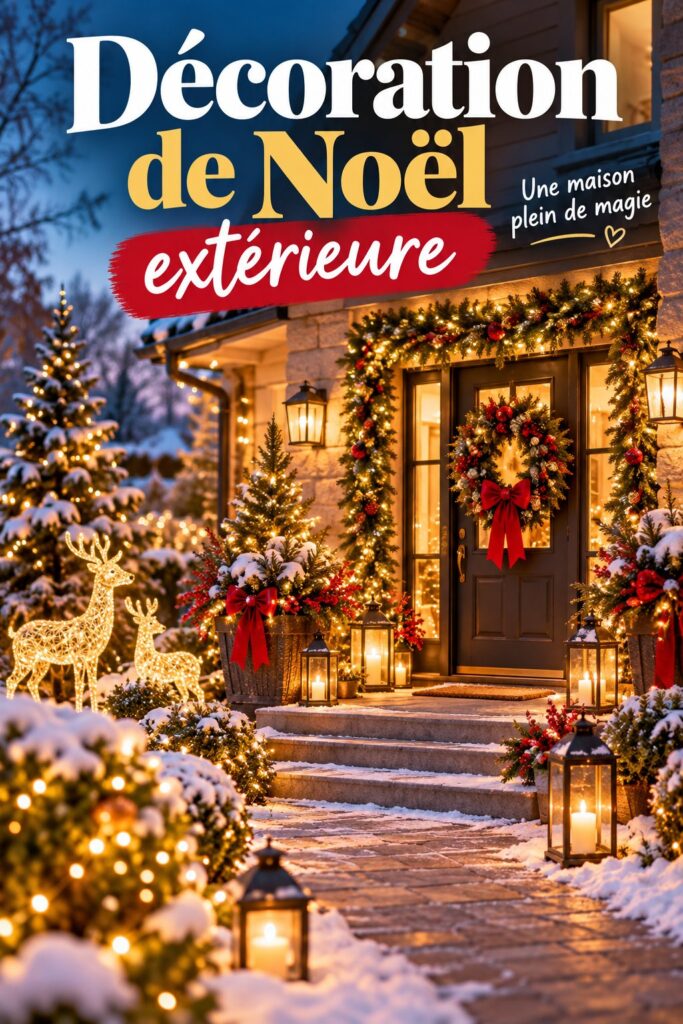 Un jardin illuminé par des décorations de Noël extérieures. Des guirlandes lumineuses et des ornements festifs illuminent la nuit.