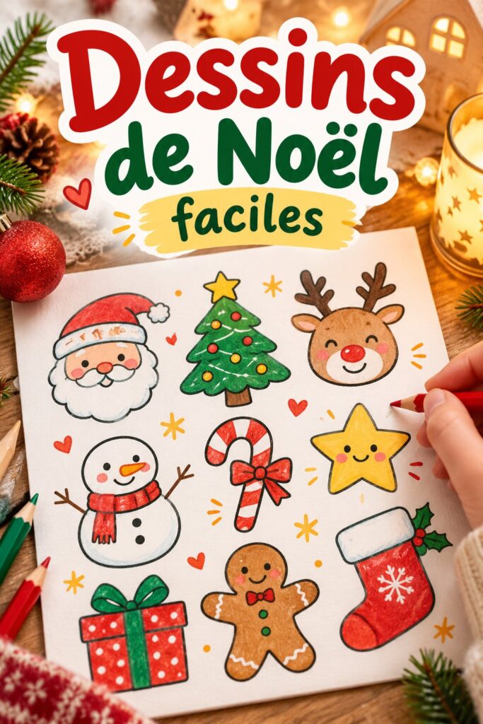 Collection de dessins de Noël simples réalisés à la main, mettant en avant la magie des fêtes.