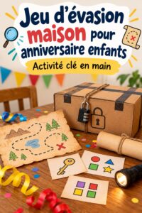 Escape room d'anniversaire pour enfants à la maison avec décorations colorées.
