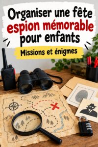 Une table décorée pour une fête d'espion avec des éléments thématiques et des jeux pour enfants.