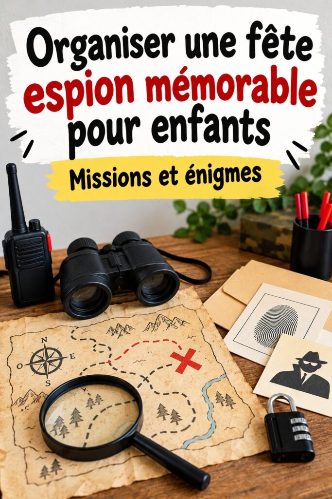Une table décorée pour une fête d'espion avec des éléments thématiques et des jeux pour enfants.