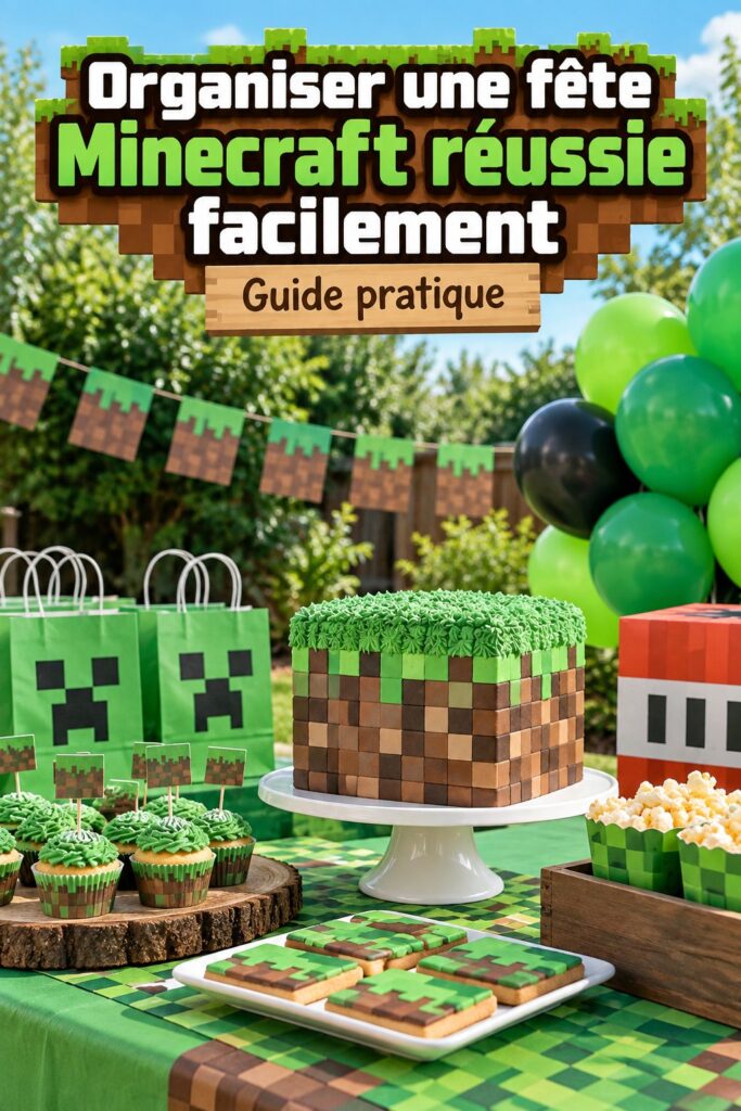 Une belle décoration de fête inspirée de Minecraft avec des ballons et des éléments du jeu.