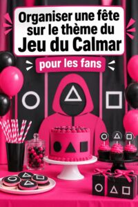 Fête sur le thème du Jeu du Calmar avec décorations colorées et ambiance ludique.