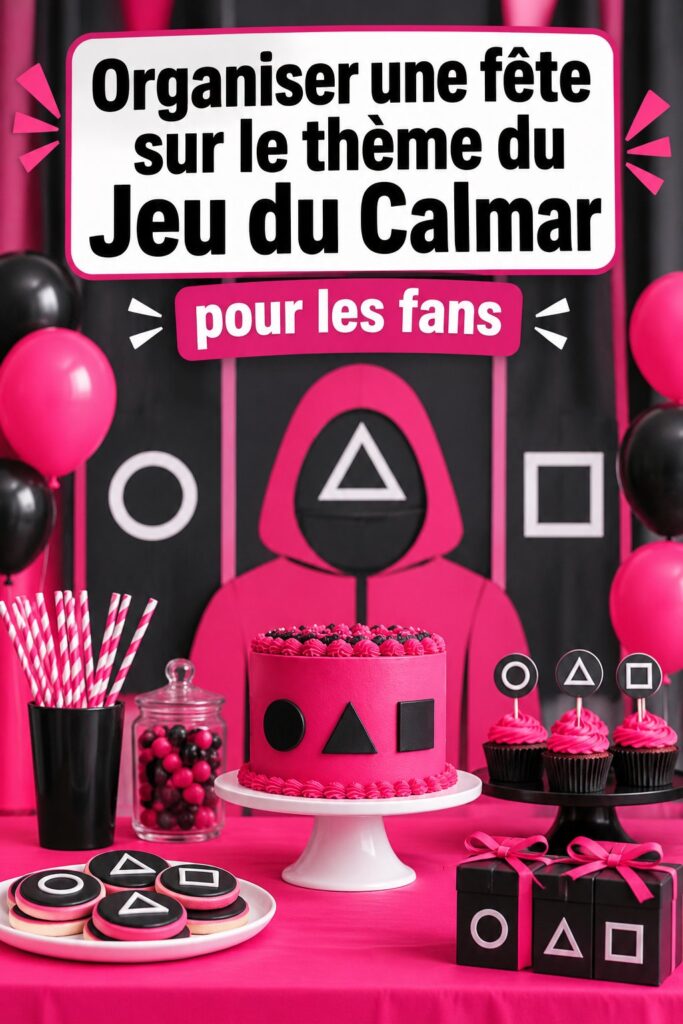 Fête sur le thème du Jeu du Calmar avec décorations colorées et ambiance ludique.