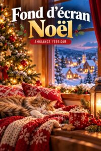 Écran d'ordinateur affichant un fond d'écran de Noël avec des motifs festifs.