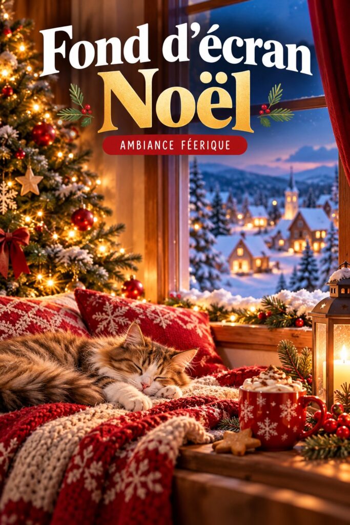 Écran d'ordinateur affichant un fond d'écran de Noël avec des motifs festifs.