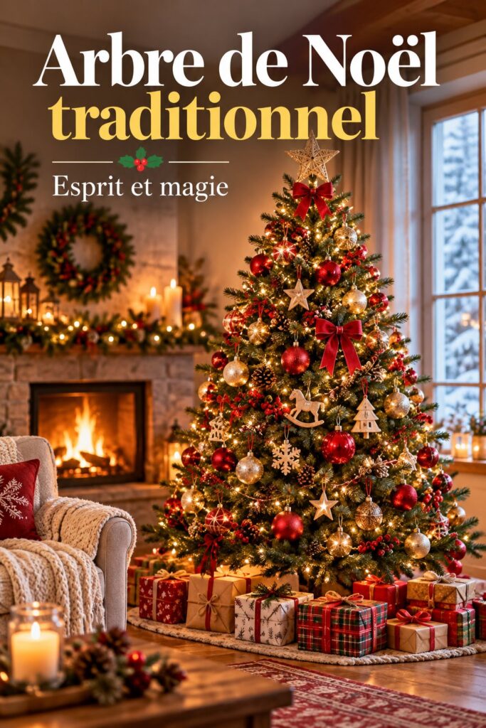 Un arbre de Noël traditionnel magnifiquement décoré avec des guirlandes et des ornements colorés.