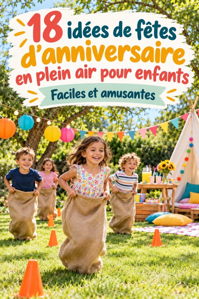 Fête d'anniversaire d'enfants en extérieur avec des décorations colorées et des jeux.
