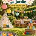 Fête d'anniversaire au jardin avec des décorations colorées et des invités joyeux